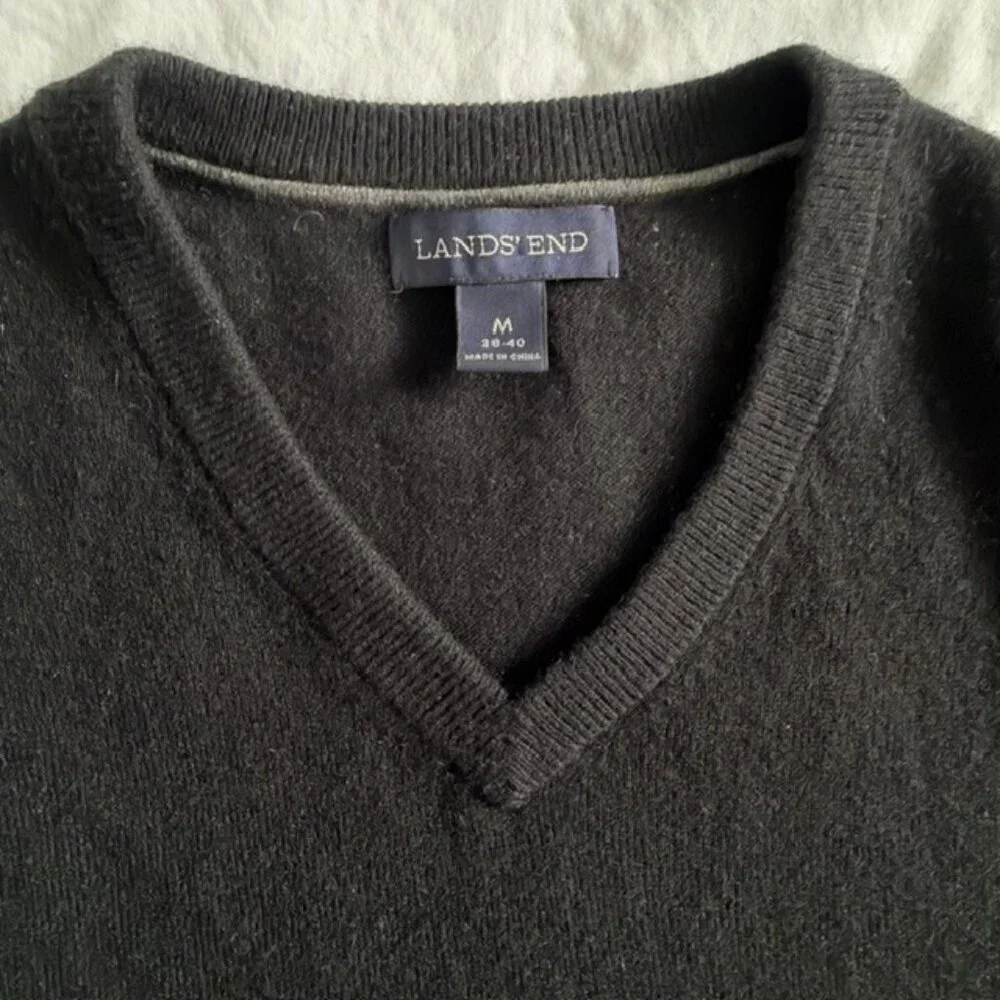 LANDS END Black 100% Cashmere V Neck Pullover Sweater Medium